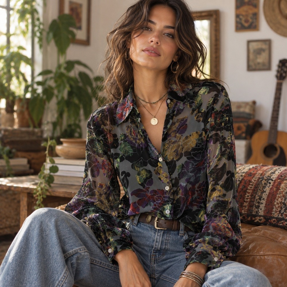 Paolo Santini Silk Rayon Burnout Velvet Shirt Floral Sheer Blouse Whimsigoth 10